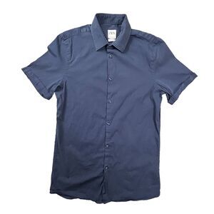 ZARA Man Mens Med Navy‎ Blue Short Sleeve Super Slim Fit Button Front Shirt Cuff